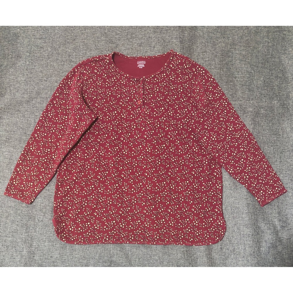 Classic Elements Womens 20-22W Top Henley Floral Long Sleeve Red Cotton Blend